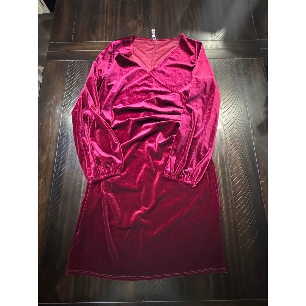 2 Hearts Burgundy Velvet Faux Wrap Dress Long Sleeve V-Neck Holiday Mini Size L